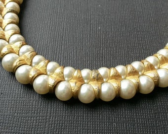 Vintage Short Pearl and Gold Necklace - Double Strand Glass Pearl and Goldtone Necklace 15"