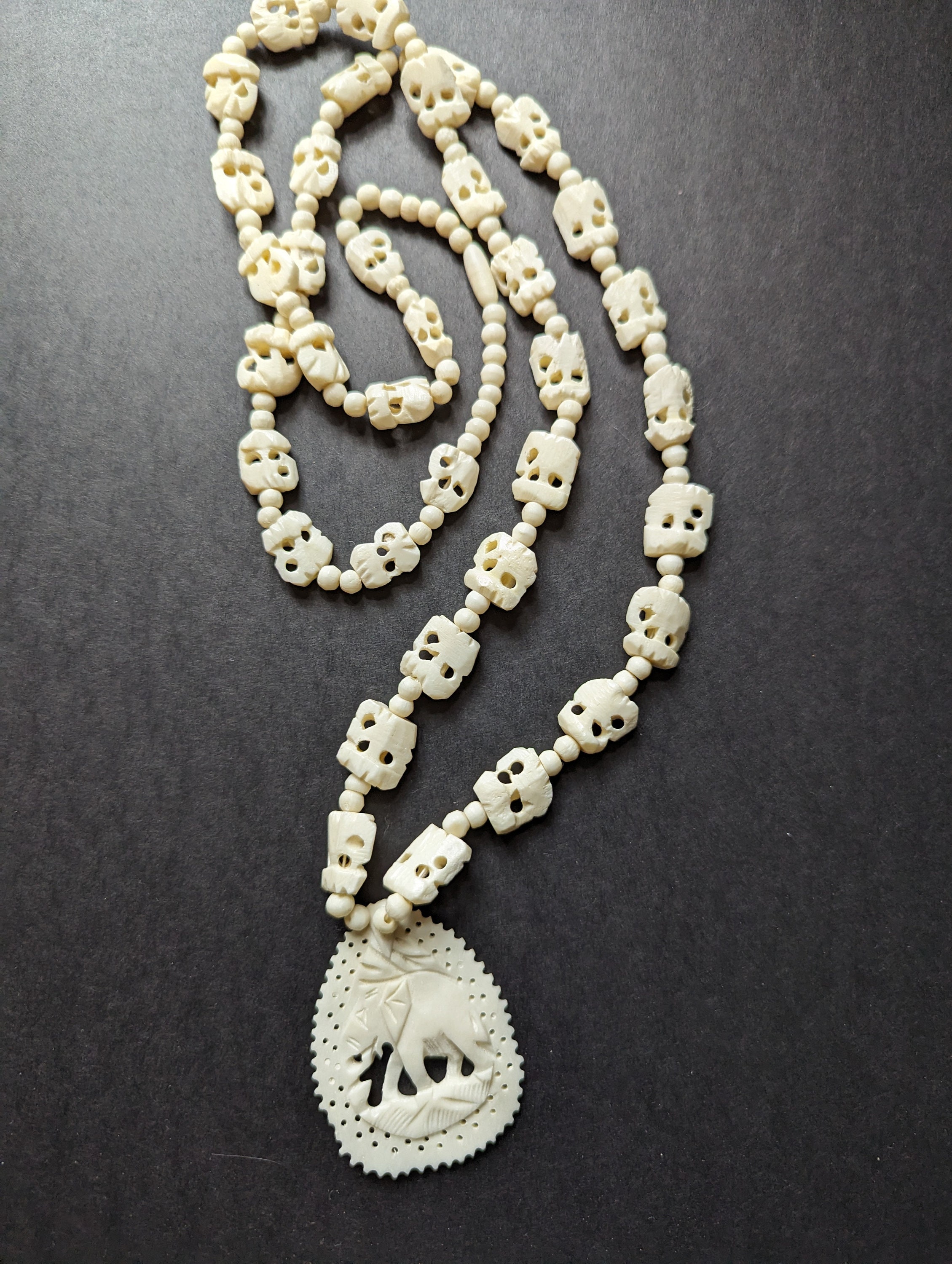 Vintage MCM Celluloid Elephant Necklace - Ivory Colored Long Necklace with Central Elephant Pendant and 36 Little Carved Elephant Beads