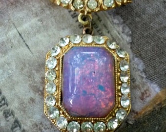 Vintage Glass Opal and Rhinestone Fob Gold Metal Brooch