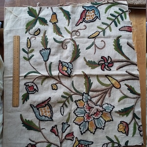 DESTASH cotton backing wool embroidered Jacobean style crewel fabric approx 22x24&quot;