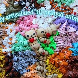 May include: A large collection of colorful, fully articulated 3D printed animal figurines. The animals are made of plastic and are designed to be posable. The text "fully articulated 3D printed animals" is written across the top of the image.