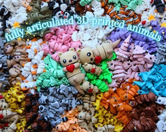 May include: A large collection of colorful, fully articulated 3D printed animal figurines. The animals are made of plastic and are designed to be posable. The text "fully articulated 3D printed animals" is written across the top of the image.