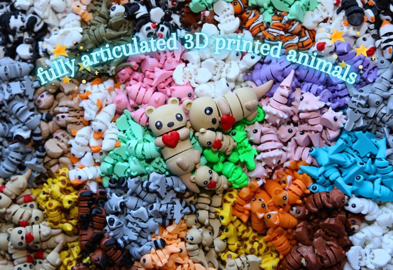 May include: A large collection of colorful, fully articulated 3D printed animal figurines. The animals are made of plastic and are designed to be posable. The text "fully articulated 3D printed animals" is written across the top of the image.