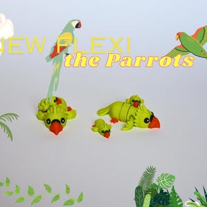 May include: A set of four green parrot figurines with orange beaks. The parrots are in various poses, including one with a baby parrot on its back. The text "NEW FLEXI the Parrots" is written in yellow letters on a white background.