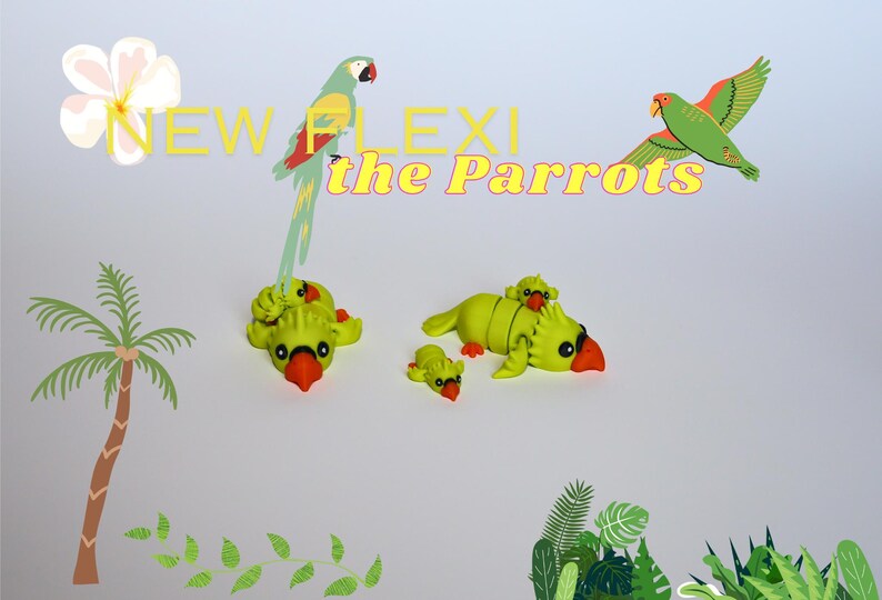 May include: A set of four green parrot figurines with orange beaks. The parrots are in various poses, including one with a baby parrot on its back. The text "NEW FLEXI the Parrots" is written in yellow letters on a white background.