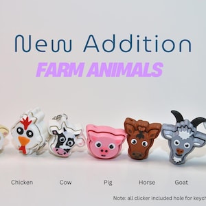May include: A set of ten colorful rubber farm animal keychains, including a duck, sheep, chicken, cow, pig, horse, goat, highland cow, and donkey. Each keychain has a hole for attaching keychain hardware.