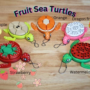 May include: Five colorful sea turtle keychains, each with a different fruit design: green apple, orange, dragon fruit, strawberry, and watermelon.  The keychains are made of soft, pliable plastic and have a cute, cartoonish style.  The text "Fruit Sea Turtles" is written in a colorful font at the top of the image.