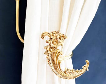Vintage Brass Floral Scroll Curtain Tieback,Gold Curtain Hooks - Ornate Decorative Hook for Elegant Window Accent