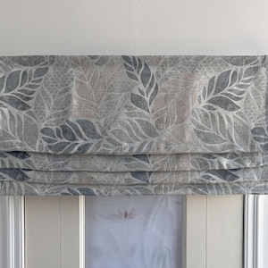 Grey Faux (fake) Flat Roman Shades, Leaf Patterned Linen Valance, Custom Window Treatments, Light Filtering