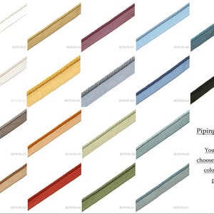 May include: A grid of twenty diagonal fabric piping strips in various solid colors including white, gold, plum, light blue, teal, beige, orange, sage green, red, olive, and black. Each strip features a corded edge and a flat fabric flange.