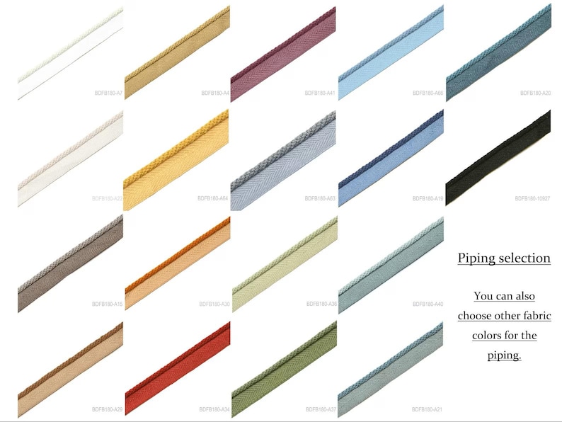 May include: A grid of twenty diagonal fabric piping strips in various solid colors including white, gold, plum, light blue, teal, beige, orange, sage green, red, olive, and black. Each strip features a corded edge and a flat fabric flange.