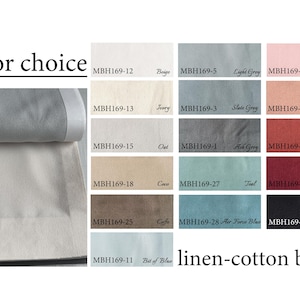 May include: A color chart displaying a linen-cotton blend fabric with the text Color choice. The chart features fifteen swatches labeled with codes and names including Beige, Ivory, Oat, Coco, Caffe, Bit of Blue, Light Grey, Slate Grey, Ash Grey, Teal, Air Force Blue, Creole Pink, Peach Nougat, Burnt Ochre, Deep Crimson, and Black.