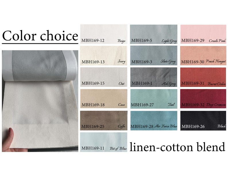 May include: A color chart displaying a linen-cotton blend fabric with the text Color choice. The chart features fifteen swatches labeled with codes and names including Beige, Ivory, Oat, Coco, Caffe, Bit of Blue, Light Grey, Slate Grey, Ash Grey, Teal, Air Force Blue, Creole Pink, Peach Nougat, Burnt Ochre, Deep Crimson, and Black.