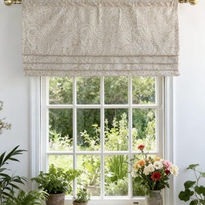 Light Brown Faux (fake) Flat Roman Shades, Patterned Valance, Custom Fabric Modern Shades,Washable Curtain.