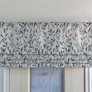 White Faux (fake) Flat Roman Shades, Leaves Patterned Valance, Custom Window Treatments