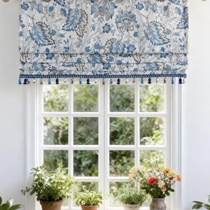 Customized Leave Pattern Fake Roman Shade, Blue Valance with Pom-Pom Trim,Custom Fabric Modern Shades.