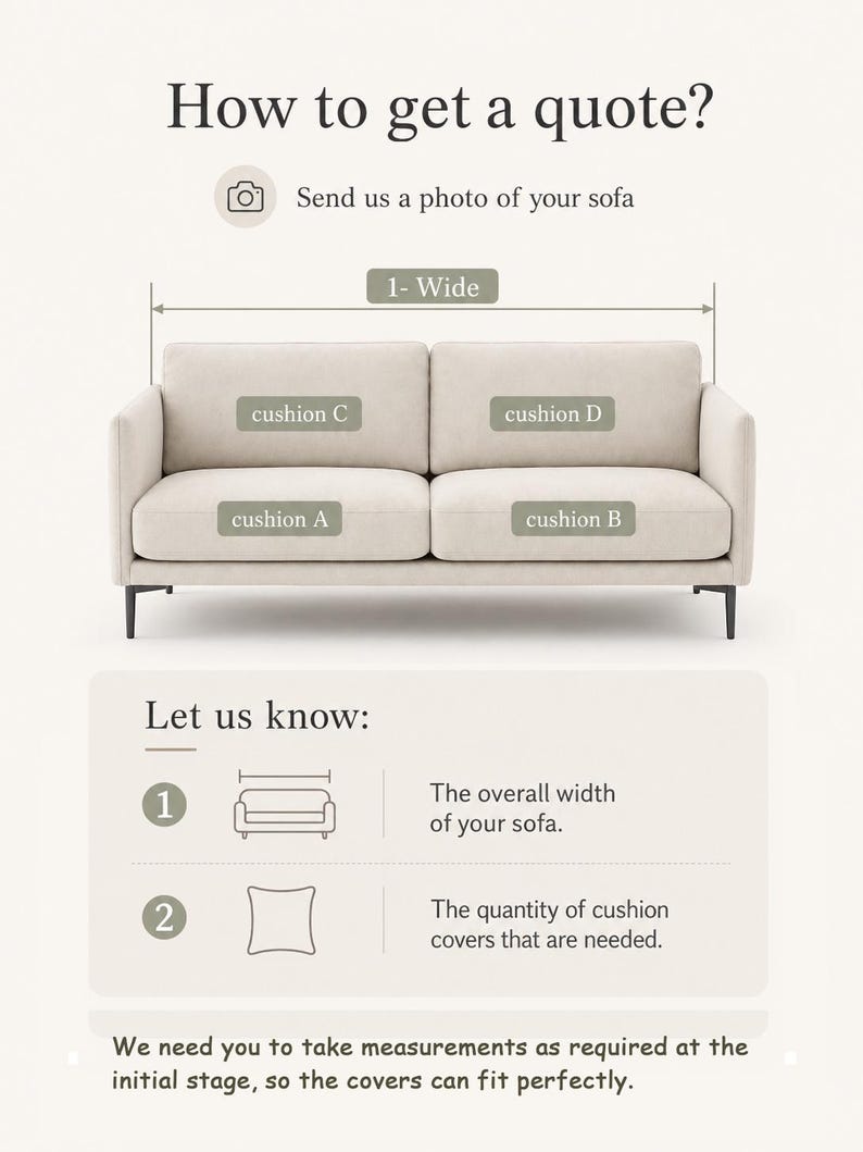 May include: An instructional graphic for ordering custom sofa covers. It features a beige two-seater sofa with labels for cushion A, B, C, and D, and a width measurement line. Text includes How to get a quote, Let us know, and measurement instructions.