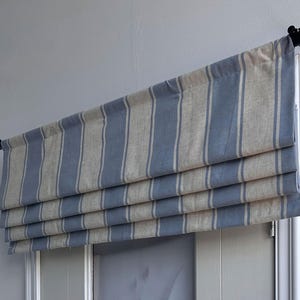 Blue and beige striped Faux Roman Shades,Custom Fabric Modern Shades,Light Filtering,Window treatments.