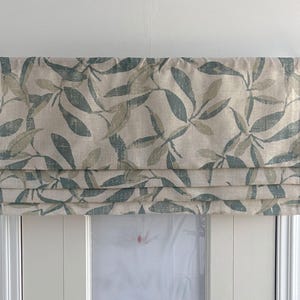 Beige Faux (fake) Flat Roman Shades, Faded Green Leaf Patterned Linen Valance, Custom Window Treatments, Light Filtering