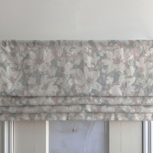 Gentle Retro Faux (fake) Flat Roman Shades, Floral Patterned Linen Valance, Custom Window Treatments, Light Filtering