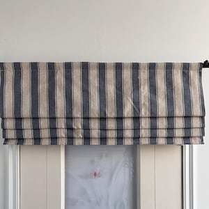 Customized Navy Striped Fake Roman Shade, Linen Valance, Custom Fabric Modern Shades, Not Vertically Adjustable.