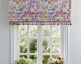 Boho Rainbow Print Faux Roman Shade with Tassel Trim,Custom Fabric Modern Shades - Colorful Window Valance for Nursery/Kids' Room