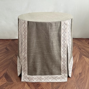 Round table skirts with geometric trim, custom size table skirts, available in a wide range of colours.