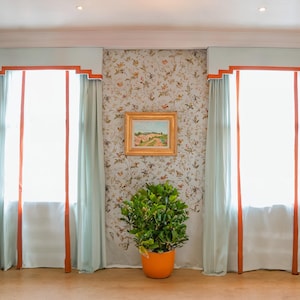 May include: Two windows with white curtains and orange trim, a small painting on the wall, and a potted plant in the center.