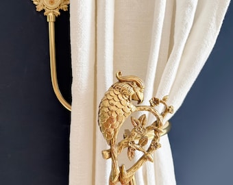 Vintage Brass Parrot Curtain Tiebacks, curtain hooks - Decorative Curtain Hooks for Elegant Window Decor.