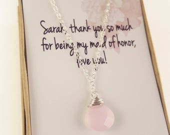 gift jewelry for bridesmaid, pink necklace gift for her, bridesmaid jewelry pink weddings, rose quartz pendant necklace