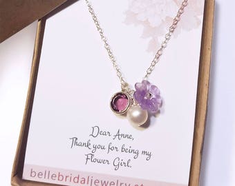 Personalized flower girl jewelry, purple necklace girl gift, pearl charm necklace for kids, childrens jewelry birthday gift