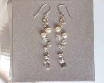 wedding earrings, bridal earrings, clear teardrop jewelry, crystal jewelry, long cascading dangles, shoulder duster earrings, diamond white