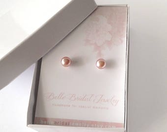 Set of 6 Pairs of Bridesmaids Earrings Pearl Studs, Bridesmaids Proposal Gift for Her, Pink Pearl Stud Earrings