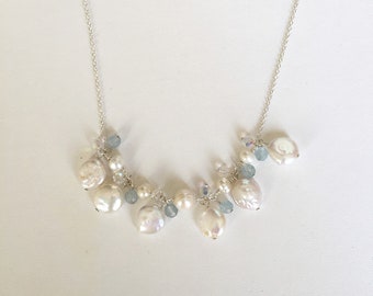 Bridal Necklace, Crystal wedding jewelry, Pearl necklace, wedding necklace, Coin pearl necklace, beach wedding necklace, pearl jewelry