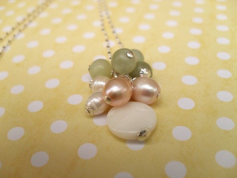 Cluster Necklace Sale, Pearl necklace, Lime Green necklace, bridesmaid jewelry, pink pearl jewelry, white pendant, pearl bridesmaid necklace image 1