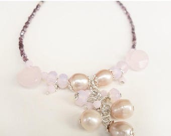 Bohemian wedding jewelry, bridesmaids Pearl Y Necklace, pink stone necklace, Weddings, bridal party jewelry, mauve jewelry