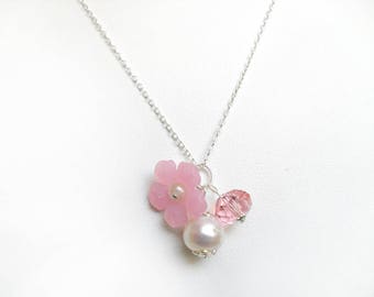 Flower Girl Pearl Necklace, Pink Crystal, Sterling Silver, Communion Gift