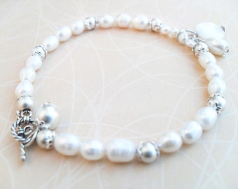 Freshwater Pearl Bracelet, Sterling Silver, Bridal Wedding Jewelry