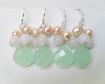 Bridesmaid Gift Idea, teardrop Earrings, Peach jewelry, Seafoam Green earrings, Bridesmaid gifts with pearls, green teardrop jewellery