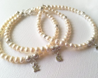 3 Personalized Bracelets, Initial Pearl Bracelet, pearl silver charm jewelry, bridesmaid gift idea, will you be my flower girl