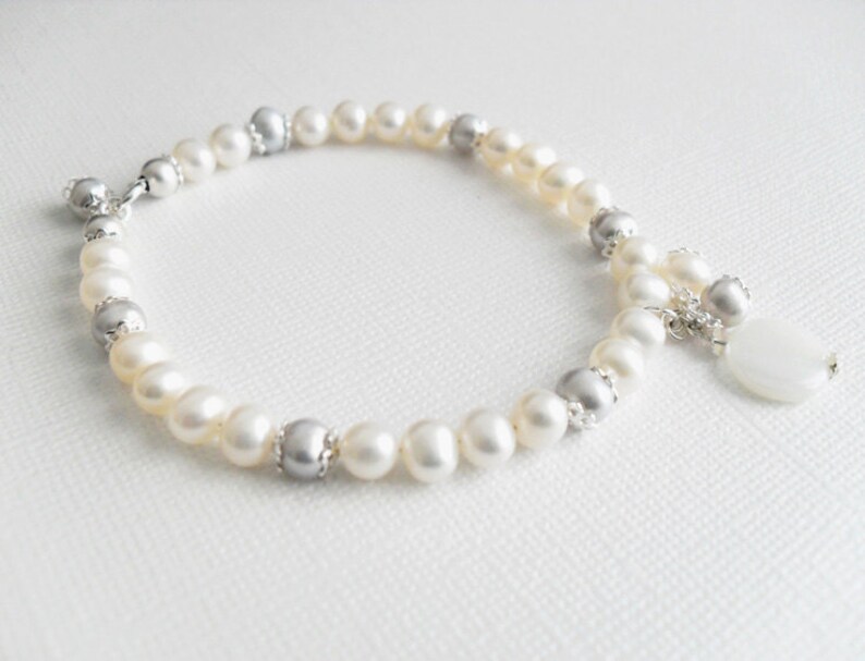 Pearl Bridal Bracelet one strand, Grey Weddings White Elegant bracelet Classic, white pearl bracelet bridesmaid, image 5