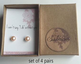 Set of 4 earring pairs for bridesmaids,  champagne pearl studs cultured pearls for bridesmaid proposal, free shipping