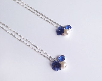Sterling Silver Flower Girl Necklace, Blue Pearl Charm, Bridal Jewelry
