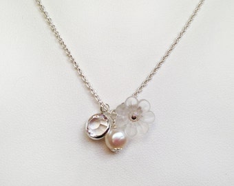 Pearl Flower Girl Necklace, Swarovski Crystal Charm, Sterling Silver