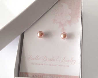 freshwater pink Pearls, fine pearls, classic wedding earrings, bridal shower gifts, pearl,  pearl studs, pearl jewellery