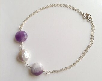 February birthstone, coin pearl bracelet, bridesmaid bracelet, gift for her, birthstone jewelry, amethyst bracelet, purple gemstone jewelry