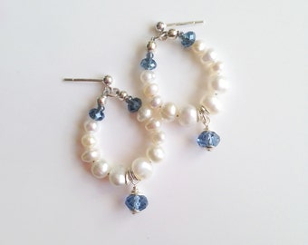 Pearl small dangles, Pearl short earrings, white pearl hoop earrings, pearl bridal jewelry, wedding accesories,blue crystal earrings