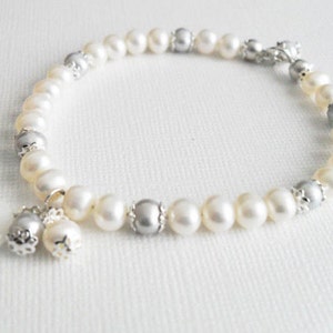 Pearl Bridal Bracelet one strand, Grey Weddings White Elegant bracelet Classic, white pearl bracelet bridesmaid, image 1