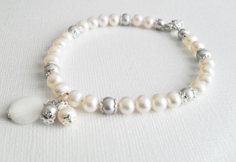 Pearl Bridal Bracelet one strand, Grey Weddings White Elegant bracelet Classic, white pearl bracelet bridesmaid, image 1