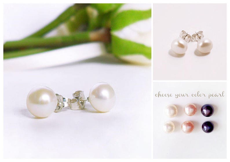 May include: A pair of silver stud earrings with white pearl accents. Choose your color pearl: white, pink, or black.